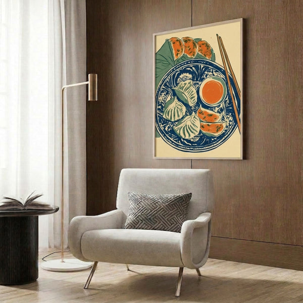 Vintage Asian culinary poster in Japanese woodblock style depicting appetizing dumplings with chopsticks on a blue willow-patterned plate, framed wall art in cream and navy palette.