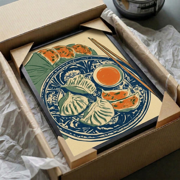Kitchen wall art print featuring delicate dumplings and chopsticks on a blue plate, blending Art Nouveau elegance with traditional Japanese aesthetic in cream, ivory, navy, and sage.