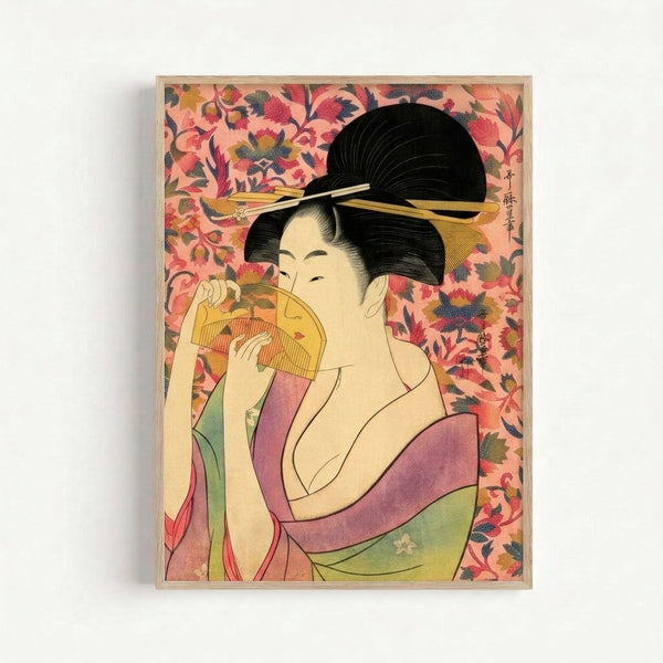 Wall art featuring a serene geisha in traditional dress rendered in Art Nouveau style with cream, deep teal, and soft gold accents, holding delicate accessories.