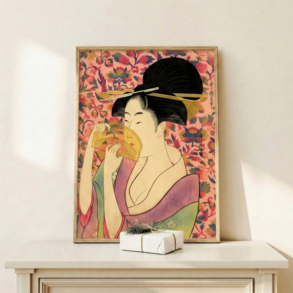 Traditional Japanese-inspired framed poster depicting a composed geisha figure in flowing kimono with cream and teal details, holding fan, in contemplative pose.