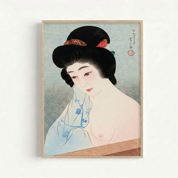 Contemplative geisha artwork with traditional woodblock technique, showing detailed black linework against soft cream and pale blue hues with coral red and gold accents.