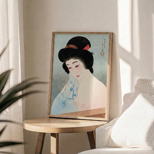 Traditional Japanese woodblock geisha portrait displaying contemplative mood through refined technique, soft color palette of cream and pale blue with striking black and coral red elements.