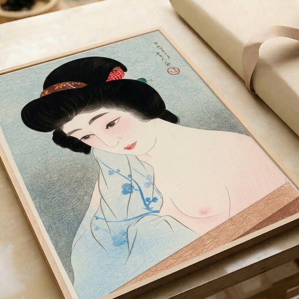 Showa period woodblock-style geisha artwork featuring an elegantly posed woman with elaborate hair ornament, rendered in harmonious cream, pale blue, black, and gold tones.