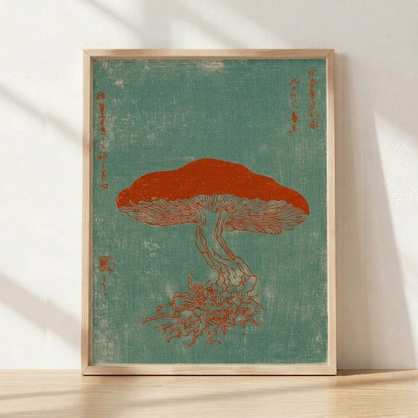 Framed Japanese woodblock print featuring delicate line art of a jellyfish and mushroom in sage green and rust red on cream background, naturalistic botanical artwork.
