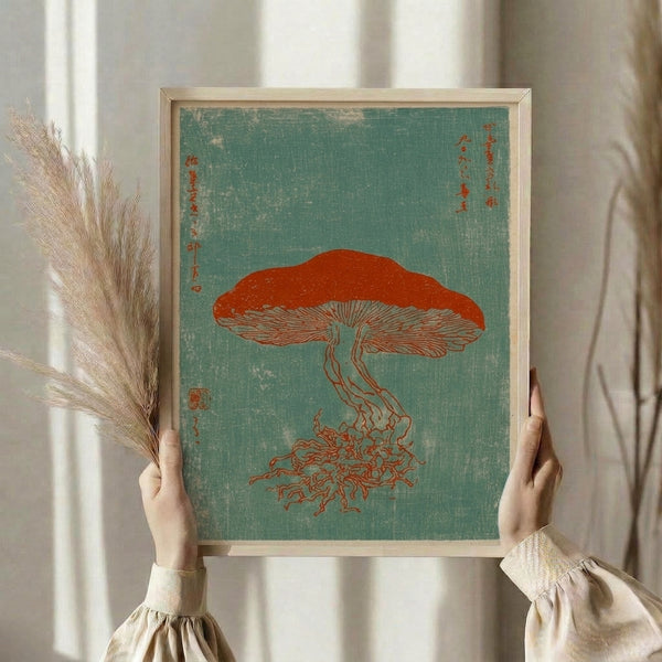 Contemplative sage green and rust red woodblock artwork showing a jellyfish and mushroom with fine linework, rendered in traditional Japanese style on cream paper.