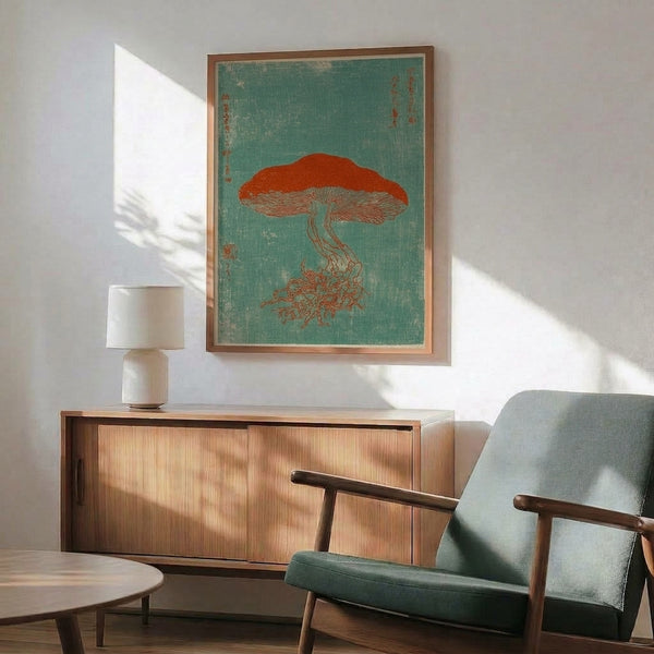 Traditional Japanese woodblock print displaying an intricate jellyfish and mushroom composition with contemplative mood in sage green, rust red, and cream palette.