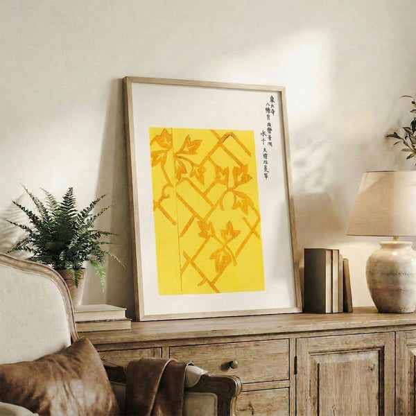 Contemplative wall poster with delicate climbing foliage and geometric lattice pattern in warm cream and gold tones, inspired by traditional temple botanical motifs.