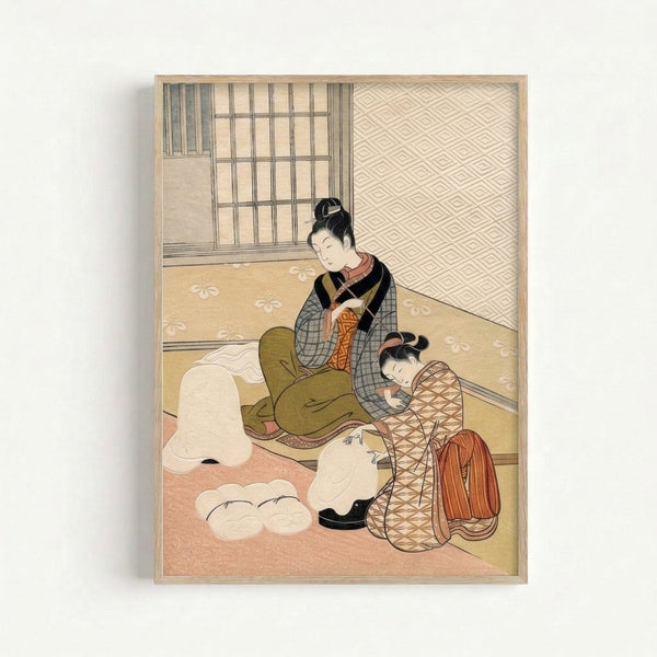 Traditional Edo period-inspired artwork showing a woman and child in an intimate household scene, featuring rich fabric textures and a serene mood in warm earth colors.