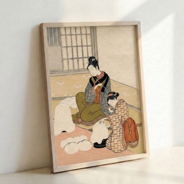 Poetic Japanese woodblock-style print of a mother and child together indoors, their figures softly rendered in cream and ochre against a calm, traditional domestic setting.