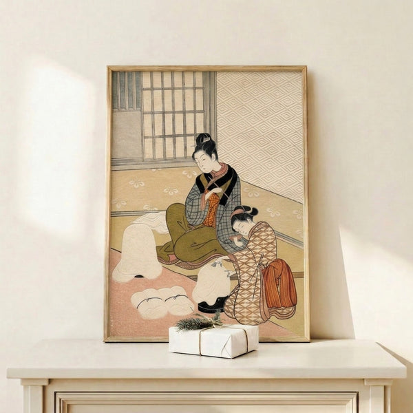 Framed wall art capturing a gentle moment between woman and child in period kimono within a tranquil interior space, executed in muted terracotta and olive hues.