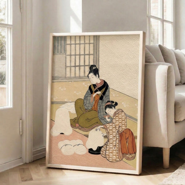 Japanese woodblock print evoking the Showa aesthetic, showing a mother-child domestic scene with flowing kimono fabric and window details in a warm, intimate color palette.