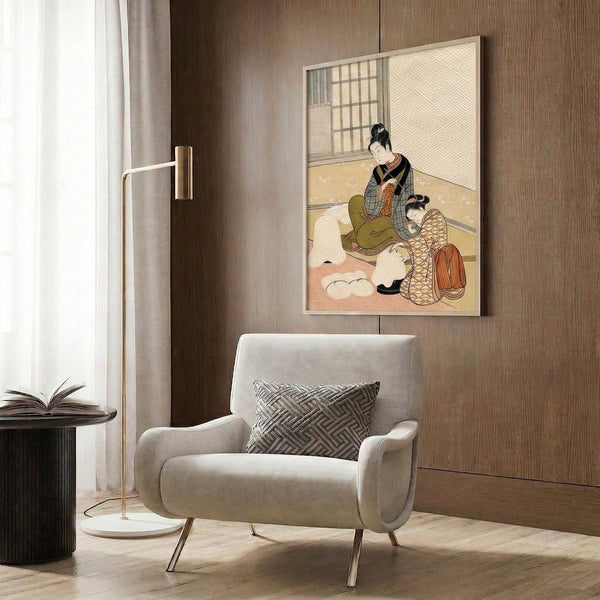 Ukiyo-e inspired framed print of a tender family moment: a woman in ornate kimono with a child indoors, rendered in soft cream, ochre, and black tones.