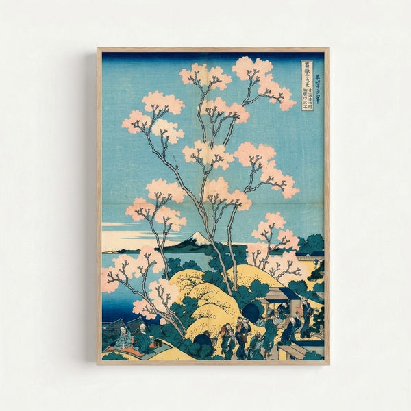 Contemplative Japandi art print depicting a peaceful mountain scene with blooming cherry trees, traditional architecture, and figures in harmonious cream, blue, and black tones.