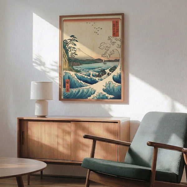 Japanese woodblock seascape with Mount Fuji dominating composition, stormy indigo waves below, pine tree, and subtle burnt orange details in traditional Ukiyo-e style.