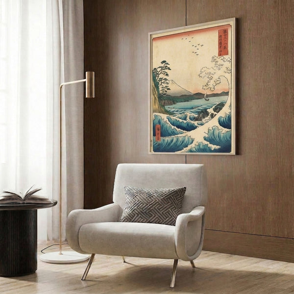 Framed Mount Fuji landscape print in Japanese woodblock tradition, serene yet majestic peak overlooking teal-hued ocean with boat and birds in contemplative mood.