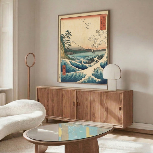 Ukiyo-e style seascape artwork featuring snow-capped Mount Fuji, rolling indigo waves, dark green vegetation, and cream background creating calm Japandi aesthetic.