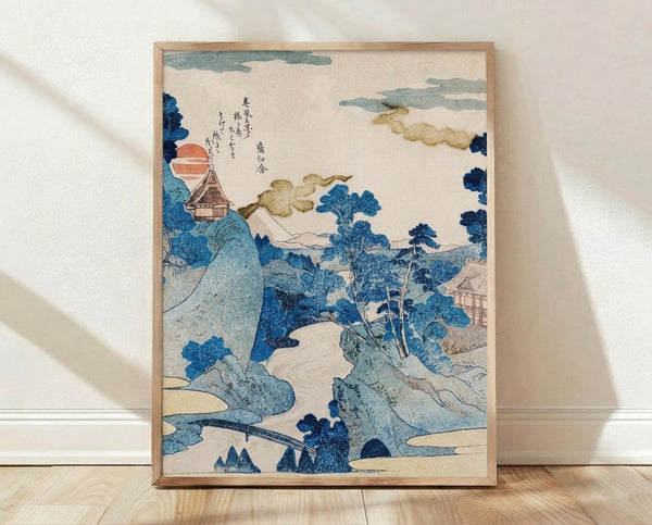 Serene Japanese woodblock landscape print featuring a pagoda pavilion nestled among trees with Mount Fuji rising beneath a glowing sunrise, rendered in prussian blue, rust red, and cream tones.