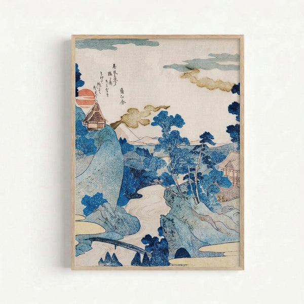 Contemplative woodblock art depicting a traditional temple with a river and misty clouds surrounding the peak, painted in soft seafoam green and charcoal hues on a pale background.