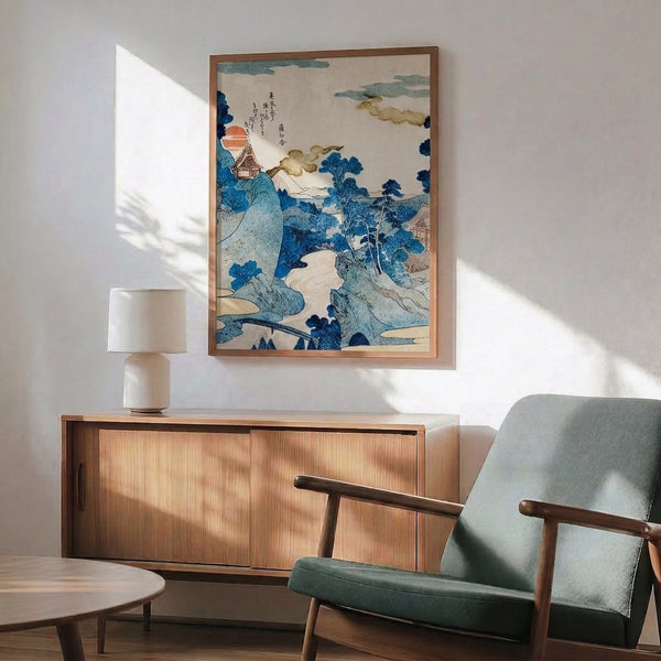 Traditional Japanese-inspired landscape poster art capturing a dawn scene with layered mountains, a pavilion structure, and natural elements in muted prussian blue, rust, and cream palette.