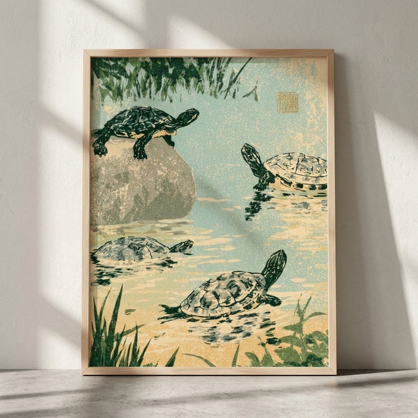 Serene Japanese woodblock print depicting a turtle resting on a rock beside a tranquil pond, rendered in soft sage green, pale blue, and cream tones with delicate ink linework in the traditional ukiyo-e style.