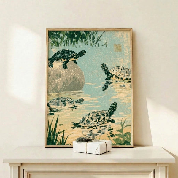 Contemplative water scene woodblock art showing a turtle among pond rocks and grasses, executed in muted natural colors of golden ochre and sage with the refined aesthetic of Ito Jakuchu's naturalistic approach.