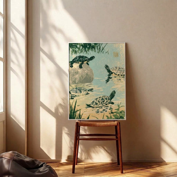 Traditional Japanese woodblock artwork featuring a turtle in a peaceful pond setting, combining pale blue water, cream highlights, and dark ink details characteristic of vintage ukiyo-e prints.
