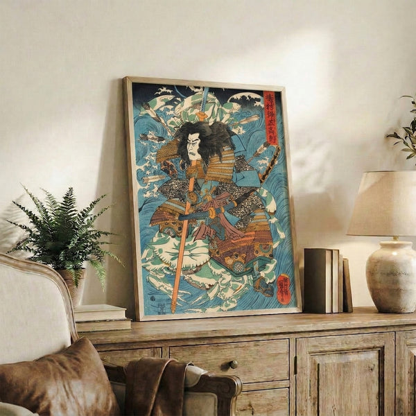 Japanese ukiyo-e print on wall featuring a warrior in ceremonial armor, rendered with striking contrast between deep indigo waves and cream highlights in classic woodblock aesthetic.