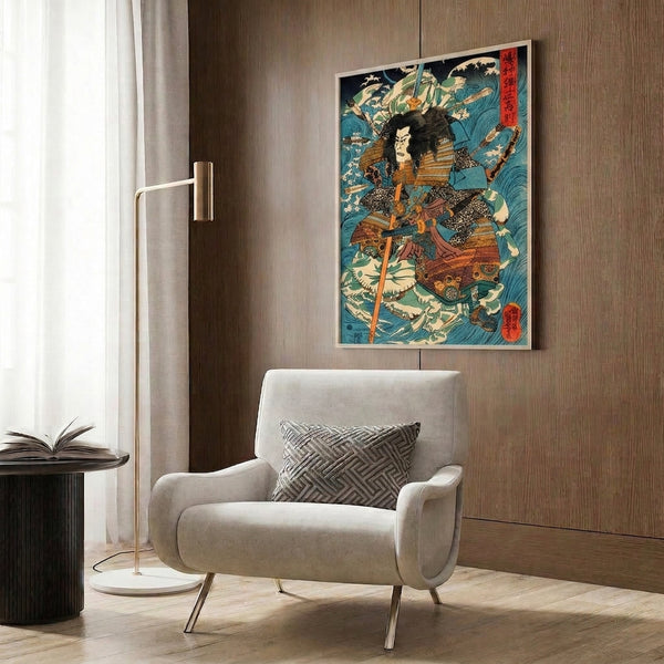 Dramatic samurai katana warrior poster in framed format, combining heroic composition with rich indigo blue, gold, and forest green palette in traditional Japanese woodblock style.
