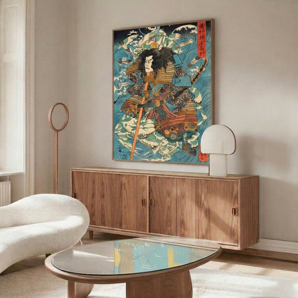Heroic samurai figure art print framed as wall decor, rendered in warm cream and terracotta against dynamic indigo blue waves using authentic ukiyo-e woodblock techniques.