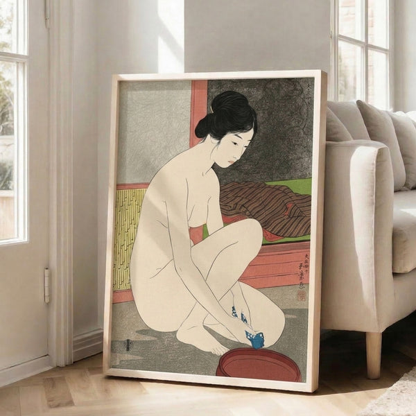 Framed artwork in classic Japanese woodblock tradition showing an intimate bathing scene, rendered with serene mood and sophisticated palette of cream, rust, navy, and forest green.