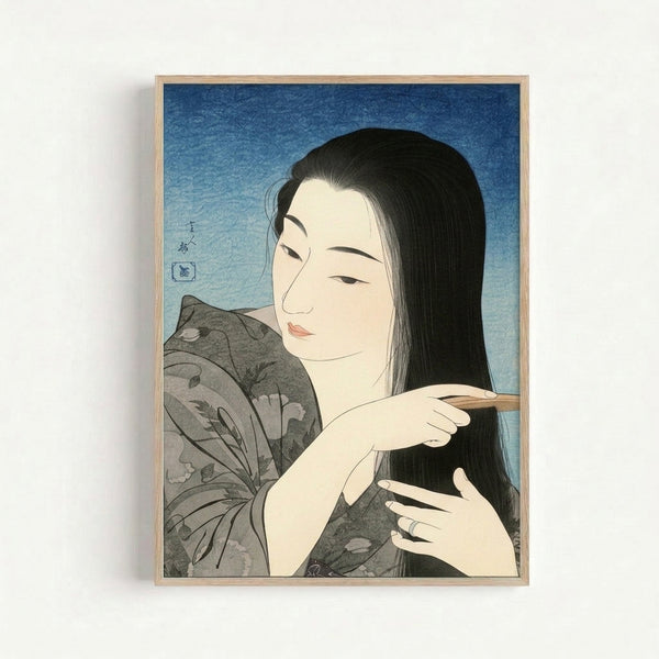 Faceless portrait of a woman in flowing kimono performing grooming ritual, captured in traditional Japandi style with delicate ink wash technique in muted blues and grays.