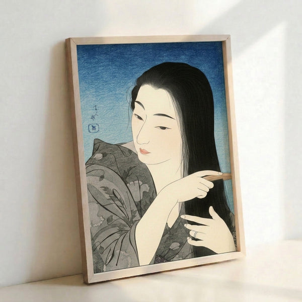 Elegant ukiyo-e inspired artwork showing woman with long dark hair and traditional Japanese dress against cream background, framed print with serene contemplative atmosphere.