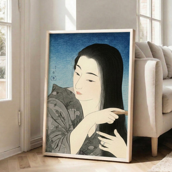 Minimalist Japanese portrait of a woman in kimono with raised arms combing hair, rendered in monochromatic blue and black ink on cream, displaying refined Japandi aesthetic.