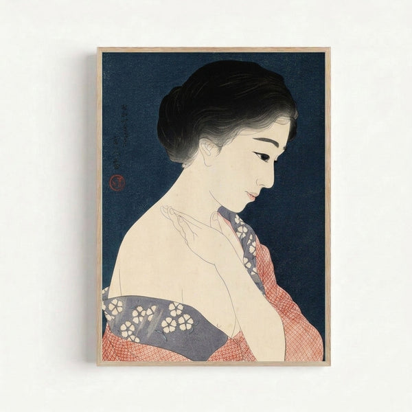 Faceless portrait woodblock art featuring a woman wearing a richly patterned kimono in charcoal, cream, and teal hues, evoking Meiji-era Japanese aesthetics.