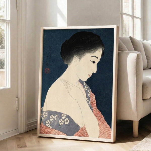 Framed Japanese cultural art print featuring a faceless woman in ornamental kimono dress, rendered in rich charcoal and teal tones with minimalist elegance.