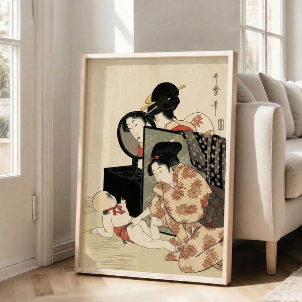 Framed Japanese art print capturing a tender scene with a mirrored reflection, dressed in sophisticated cream and burnt orange hues with delicate florals and textiles.