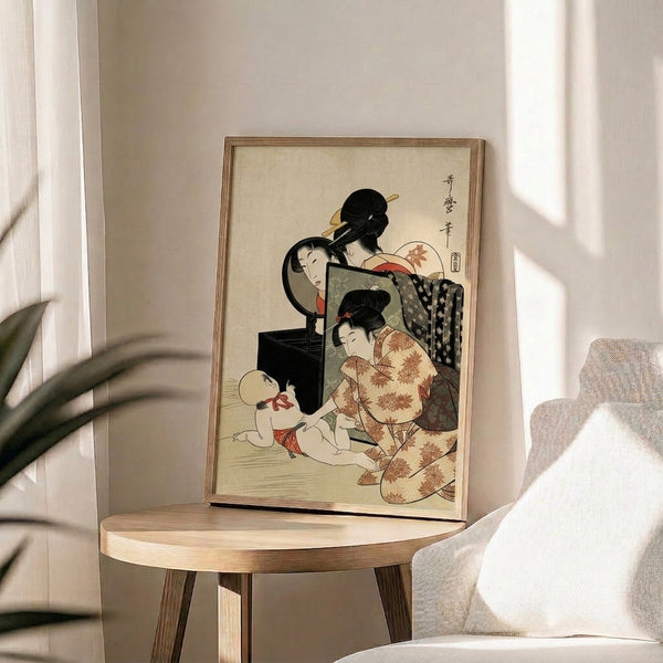 Intimate Japanese woodblock composition portraying a woman and child with a mirror and ornate kimono textile, rendered in earthy sage green, rust red, and cream tones.
