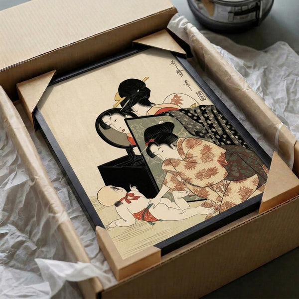 Traditional Japanese woodblock-style wall art depicting refined domestic scene with mirror and chrysanthemum-adorned garment in cream, rust, and muted green palette.