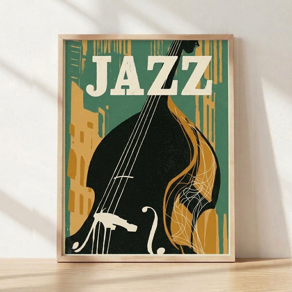 Art Deco style jazz poster featuring a musician in profile playing double bass against a stylized cityscape in forest green, golden yellow, and cream, evoking vintage nightclub glamour.