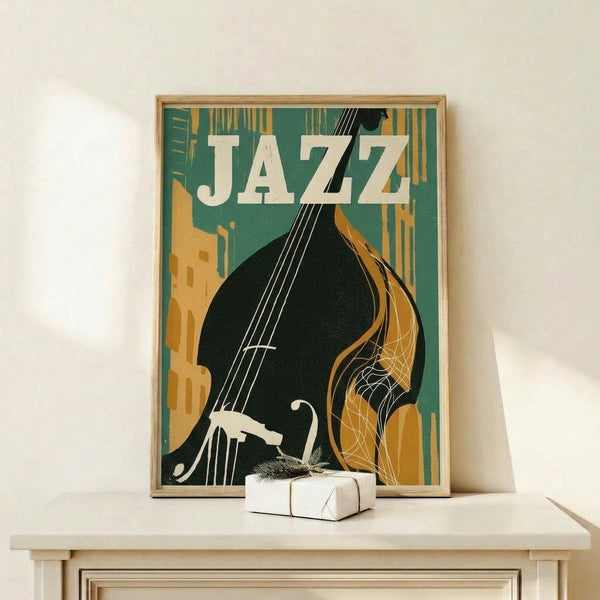 Retro framed poster art depicting a sophisticated musician with cello silhouetted against geometric urban buildings in jewel tones and gold, capturing the energy of jazz age aesthetics.