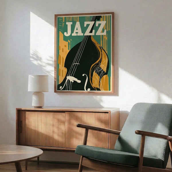 Vintage-inspired jazz artwork showing a bass player in profile set against an art deco cityscape rendered in forest green, charcoal, and warm gold tones.