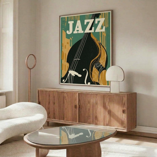 Sophisticated retro poster print of a jazz musician performing double bass with an elegant urban backdrop in rich greens, golden yellows, and black art deco styling.