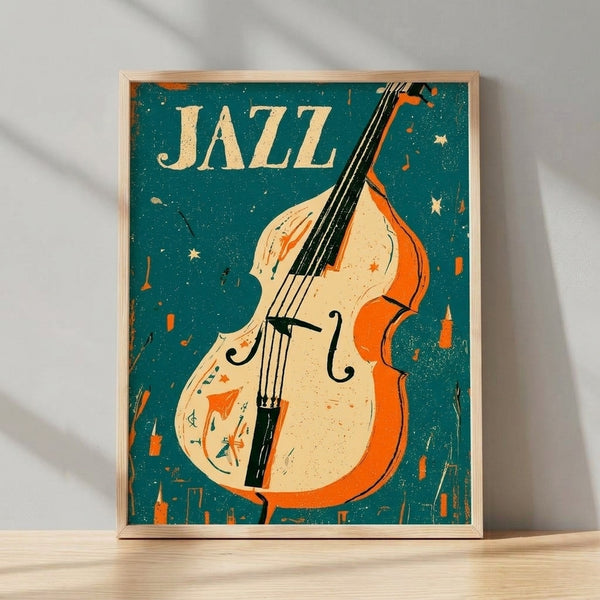 Retro art deco jazz poster featuring a stylized cello with musical notes, stars, and cityscape silhouette in teal, cream, orange, and gold tones on a black background, evoking sophisticated 1920s cabaret style.