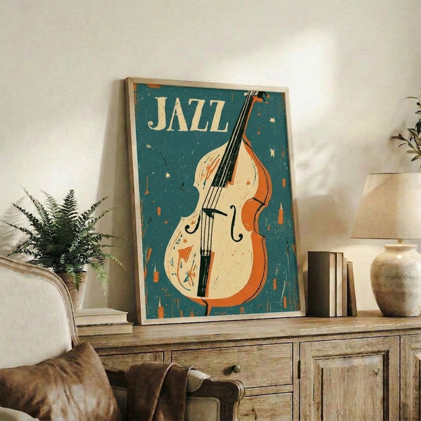 Vintage-inspired jazz wall art showcasing an elegant cello amid swirling musical elements, city lights, and stars in warm gold and teal hues with art deco geometric flair and nostalgic energy.