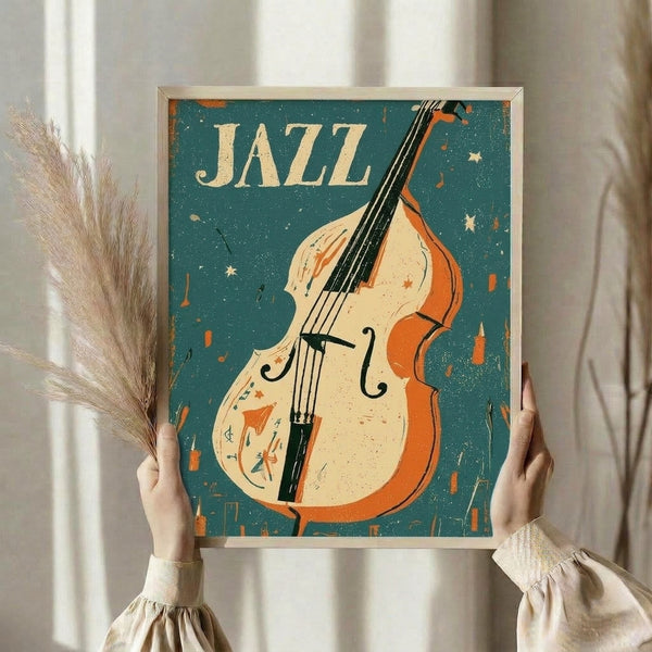 Framed retro music poster with art deco styling: a dynamic cello composition accented by floating musical notes, starbursts, and urban skyline motifs in cream, orange, teal, and gold against black.