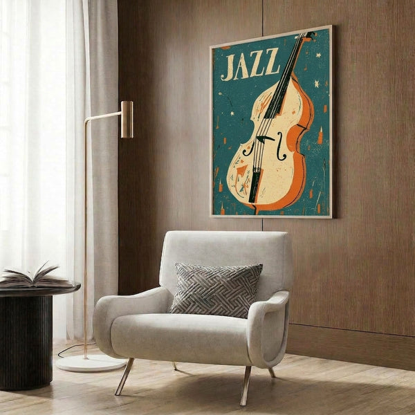 Sophisticated vintage jazz poster depicting a stylized cello surrounded by musical notes and celestial elements in a striking art deco palette of teal, cream, and gold—ideal for music enthusiasts and retro décor lovers.