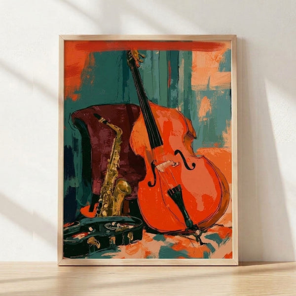 Abstract pop art poster featuring a vibrant saxophone and bass in bold orange, red, teal, and gold tones against dark navy, creating an energetic and artistic composition celebrating jazz music.