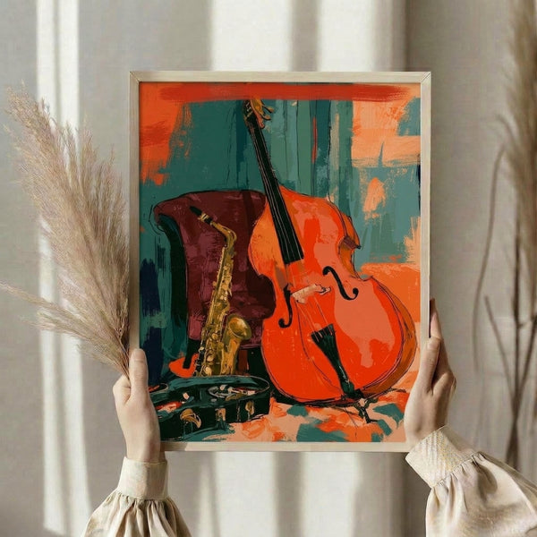 Modern pop art print of intertwined jazz instruments—saxophone and cello—rendered in striking warm and cool colors including orange, red, and teal with gold accents on a dark background.