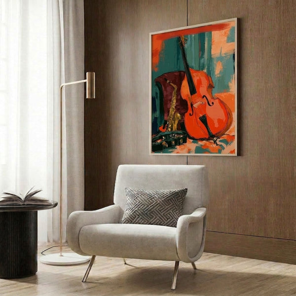 Colorful abstract jazz artwork showcasing a saxophone and double bass in energetic pop art style with vibrant reds, oranges, teals, and gold highlights framed on a wall.