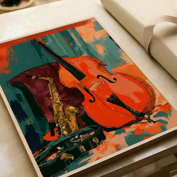 Bold pop art wall print depicting musical instruments in an abstract arrangement, featuring dynamic orange, red, teal, and gold colors that evoke the vibrant energy of jazz.